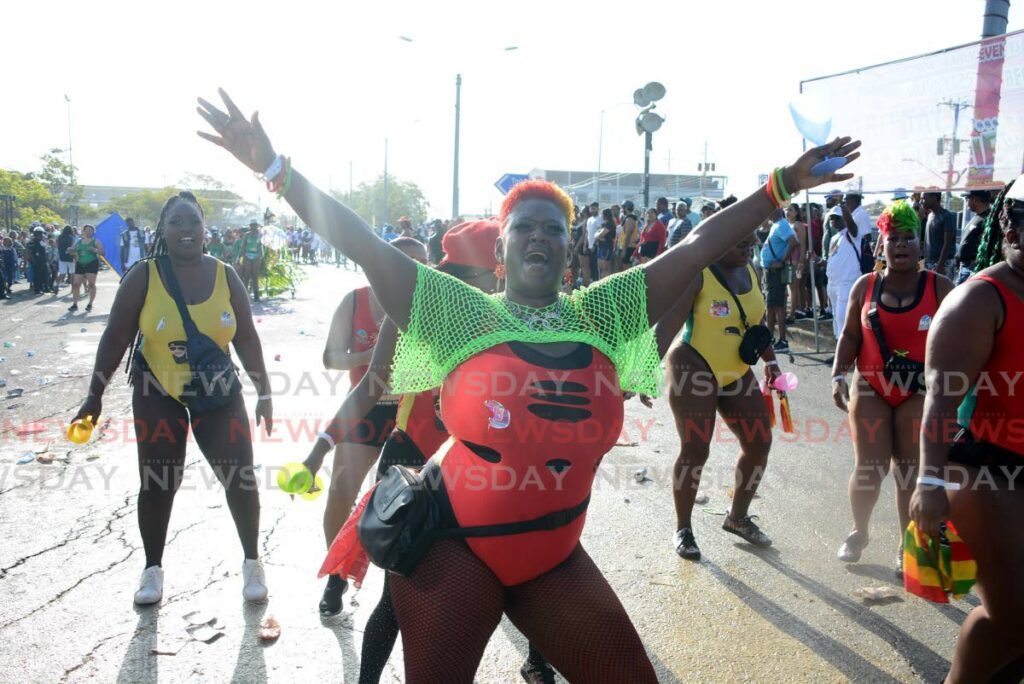 A member of B Man and Lord Street Fusion Family on the Rienzi Kirton Highway during San Fernando J'Ouvert on March 3. - Photo by Innis Francis