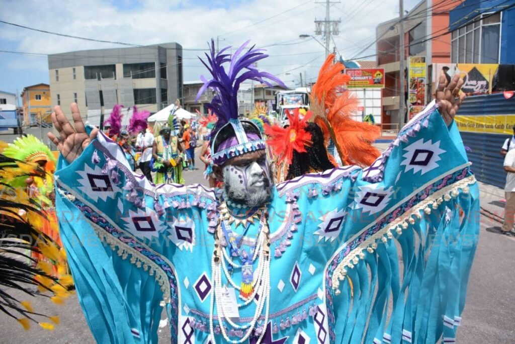 Jagessar Costumes 2025 portrayal Red Clouds Over The South at the judging point at Renzi Kurton Highway, San Fernando. - Photo by Innis Francis