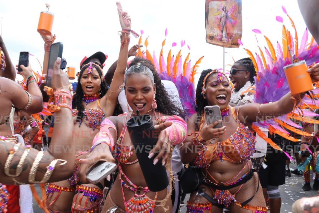 Tribe masqueraders cross the stage at Socadrome in Jean Pierre Complex, Port of Spain, on March 4. - Photo by Faith Ayoung