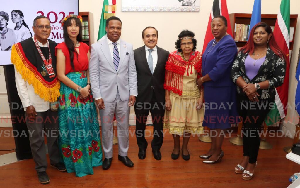 From left, Santa Rosa First Peoples chief Ricardo Bharath Hernandez, Cacica of Warao community Anicia Ortancia Benjamin, Minister of Foreign Affairs Dr Amery Browne, Mexican Ambassador Victor Hugo Morales, Jacqueline Bernadine Khan, Minister of Planning and Development Pennelope Beckles-Robinson and Office of the Prime Minister Gender Affairs Division assistant director Renelle White, at the International Women's Day event at the Mexican Embassy, St Clair on March 7. - Photo by Angelo Marcelle