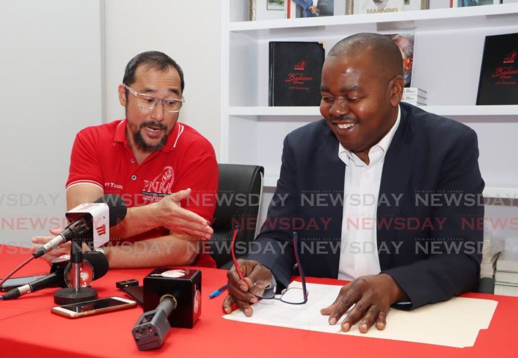 Port of Spain North/St Ann's West MP Stuart Young, left, and La Horquetta/Talparo MP Foster Cummings host a PNM media conference at Balisier House, Port of Spain, on March 10. - Photo by Angelo Marcelle