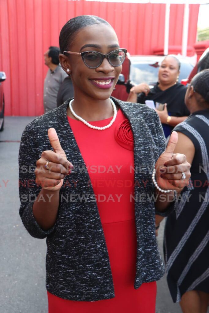 Marisha Alvarado gives a thumbs up after she was named as PNM general election candidate for Tabaquite after her screening at Balisier House, Port of Spain, on March 10. - Photo by Angelo Marcelle