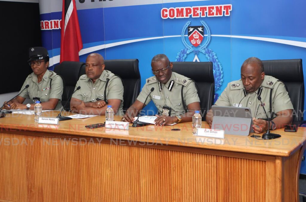 From left: Public Information Officer Insp Michelle Lewis, North West ACP Garvin Henry, Ag Police Commissioner Junior Benjamin and Acting DCP Operations Curt Simon, at a police media briefing, Police Administration Building, Port of Spain, on March 11. - Angelo Marcelle