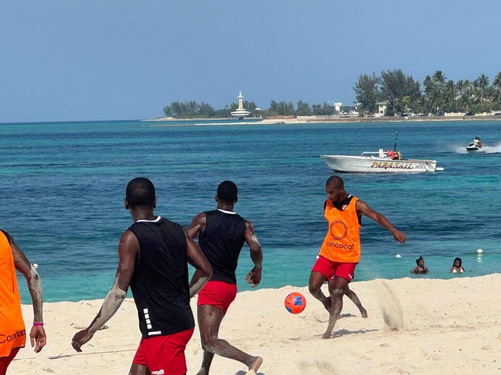 Members of the TT men's beach soccer team take part in a training session at Breezes Resort in Bahamas ahead of their Concacaf Beach Soccer World Cup qualifier against the USA, on March 11, 2025. - TTFA Media