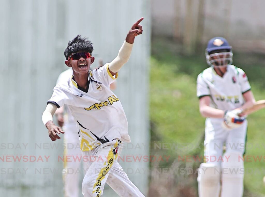 Central Zone bowler Daron Dhanraj celebrates his seventh wicket against South Zone, on March 12, 2025, during the TTCB’s Under-17 Interzone tournament, at Lewis Street, San Fernando.  - Photos by Lincoln Holder 