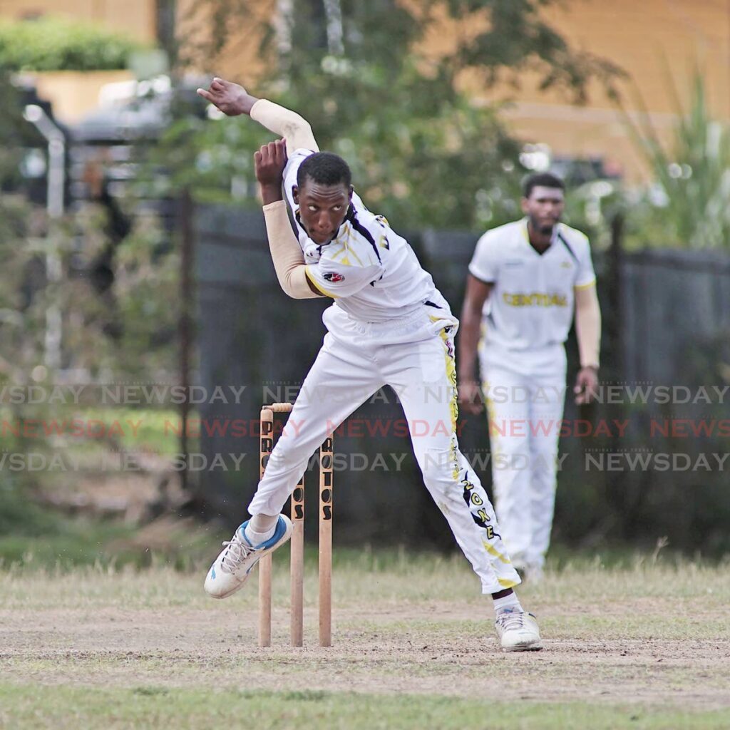 Vishnu Boys' Hindu College student Daniel Holder, bowls for Central zone in the TT Cricket Board Under-17 Interzone tournament on March 12. - Photo by Lincoln Holder