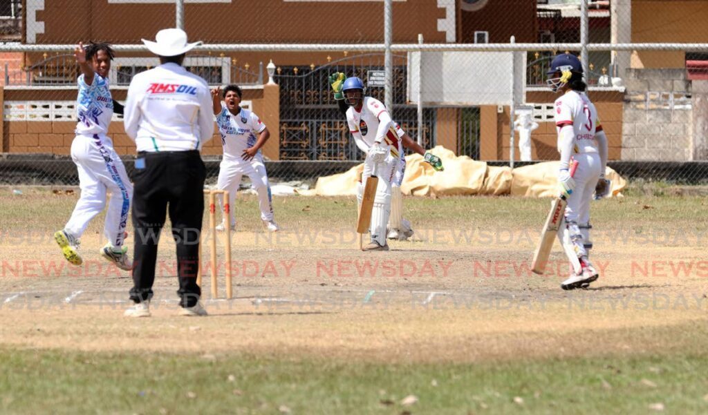 Queen's Royal College cricketers appeal for the wicket of Tunapuna Secondary School batsman Kevin Kalicharan in the Secondary Schools Cricket League championship north division match at the Knowles Street Recreation Grounds, Curepe on March 11.  - Photo by Faith Ayoung