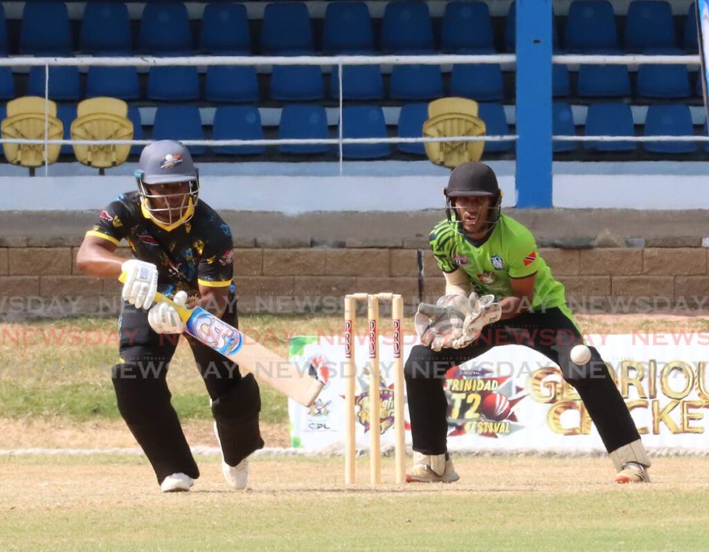 Marchin Patriots’ batsman Evin Lewis plays a shot during his the CPL-TKR T20 Festival match against Preysal Sports Club, at the Queen’s Park Oval on March 12, 2025. - Angelo Marcelle