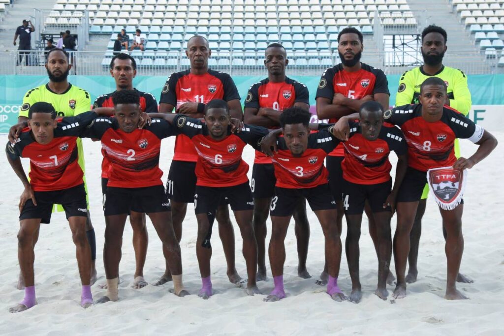 Trinidad and Tobago's men's team ahead of their Concacaf Beach Soccer World Cup qualifier against USA, on March 12, 2025, at the Malcolm Park Beach Soccer Facility, Nassau, Bahamas. - TTFA Media