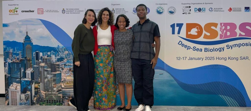 Caribbean delegates (left to right). Jaime-Leigh Lue Chin, Dr Diva Amon, Eugenia Thomas and Kyle Foster at the 17th Deep-Sea Biology Symposium. Photo courtesy Dr. Diva Amon. - 