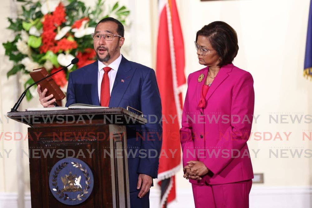 President Christine Kangaloo swears in Prime Minister Stuart Young at President's House on March 17. - Photo by Jeff K Mayers