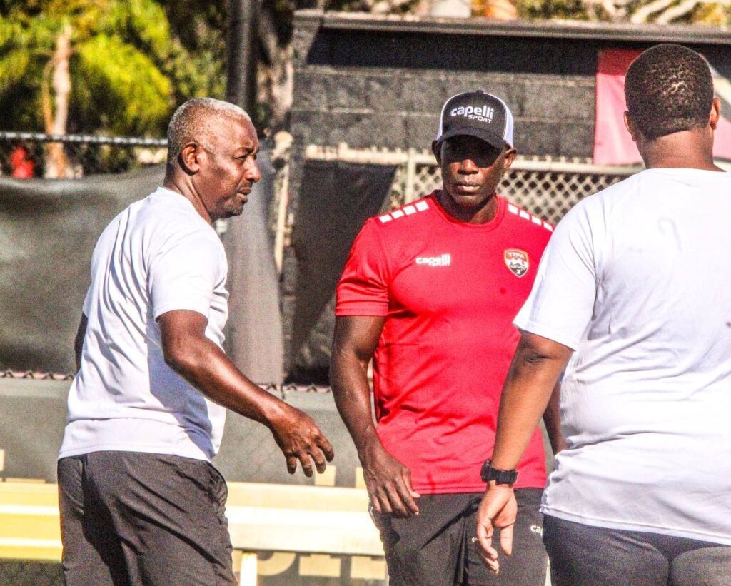 Trinidad and Tobago senior men’s head coach Dwight Yorke (C) and assistant coaches Russell Latapy (L) and Derek King during a team training session, on March 19, ahead of the Soca Warriors’ Concacaf Gold Cup prelim match, against Cuba, on March 21. - Photo courtesy TTFA Media