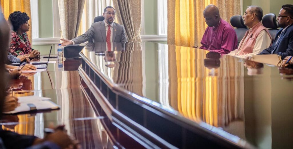 TALKING REFORM: Prime Minister Stuart Young makes a point during his meeting at Whitehall on Wednesday with heads of various religious organisations. The meeting was called to discuss education sector reform. - Photo courtesy Office of the Prime Minister 