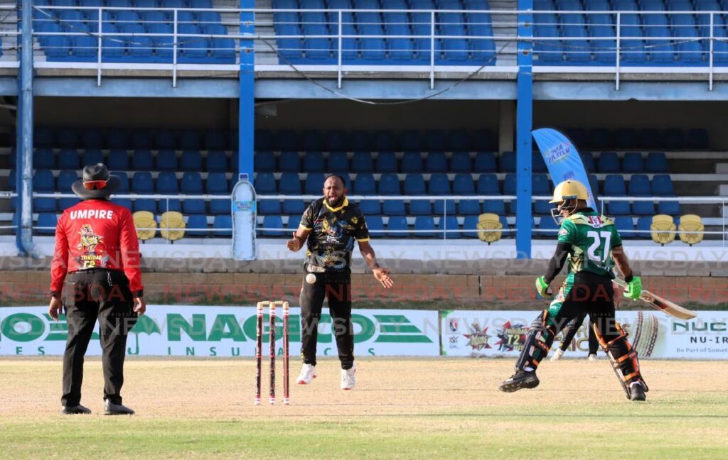 Marchin Patriots bowler Kastri Singh appeals as Clarke Road batsman Mark Deyal avoids a run-out attempt, in their T20 Festival semifinal at the Queen's Park Oval, Port of Spain, on March 21. - Photo by Angelo Marcelle