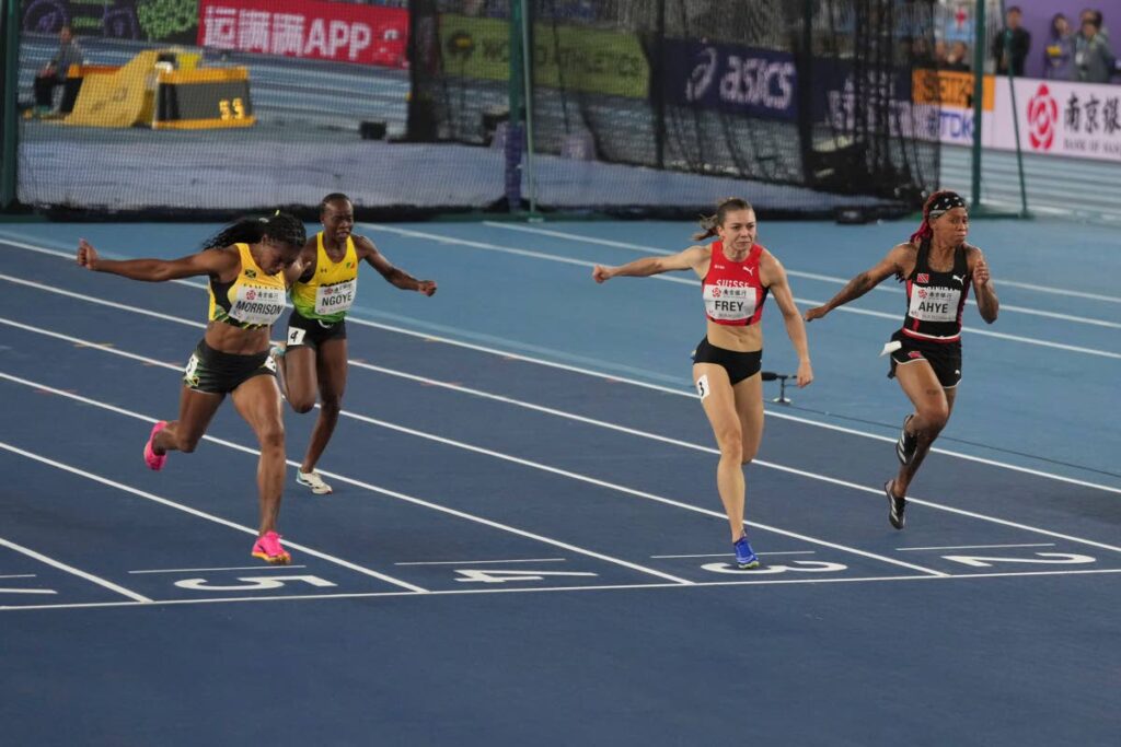 From left, Natasha Morrison, of Jamaica, Natacha Ngoye, of Congo, Geraldine Frey, of Switzerland, and Michelle-Lee Ahye, of Trinidad And Tobago, compete in the women's 60 metres heats at the World Athletics Indoor Championships in Nanjing, China, on March 22, 2025. - AP PHOTO