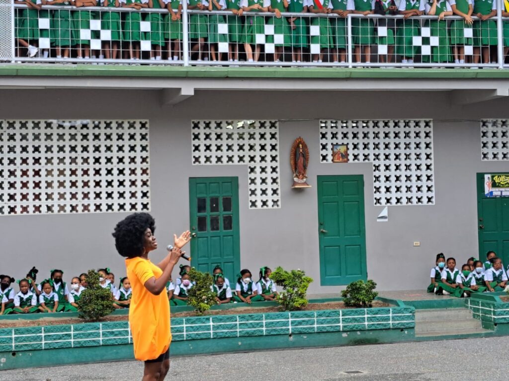 2020 Calypso Monarch Terri Lyons engages the youngsters during her school tours. -